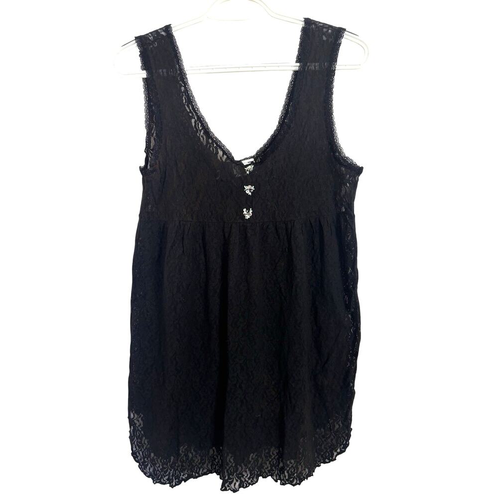 Vtg 90s Black Nylon Lace Nightie Size Medium Roses Fairy Grunge Dark Romance